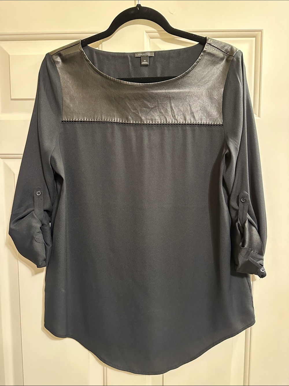 Ann Taylor Black Blouse with Faux-Leather Yoke